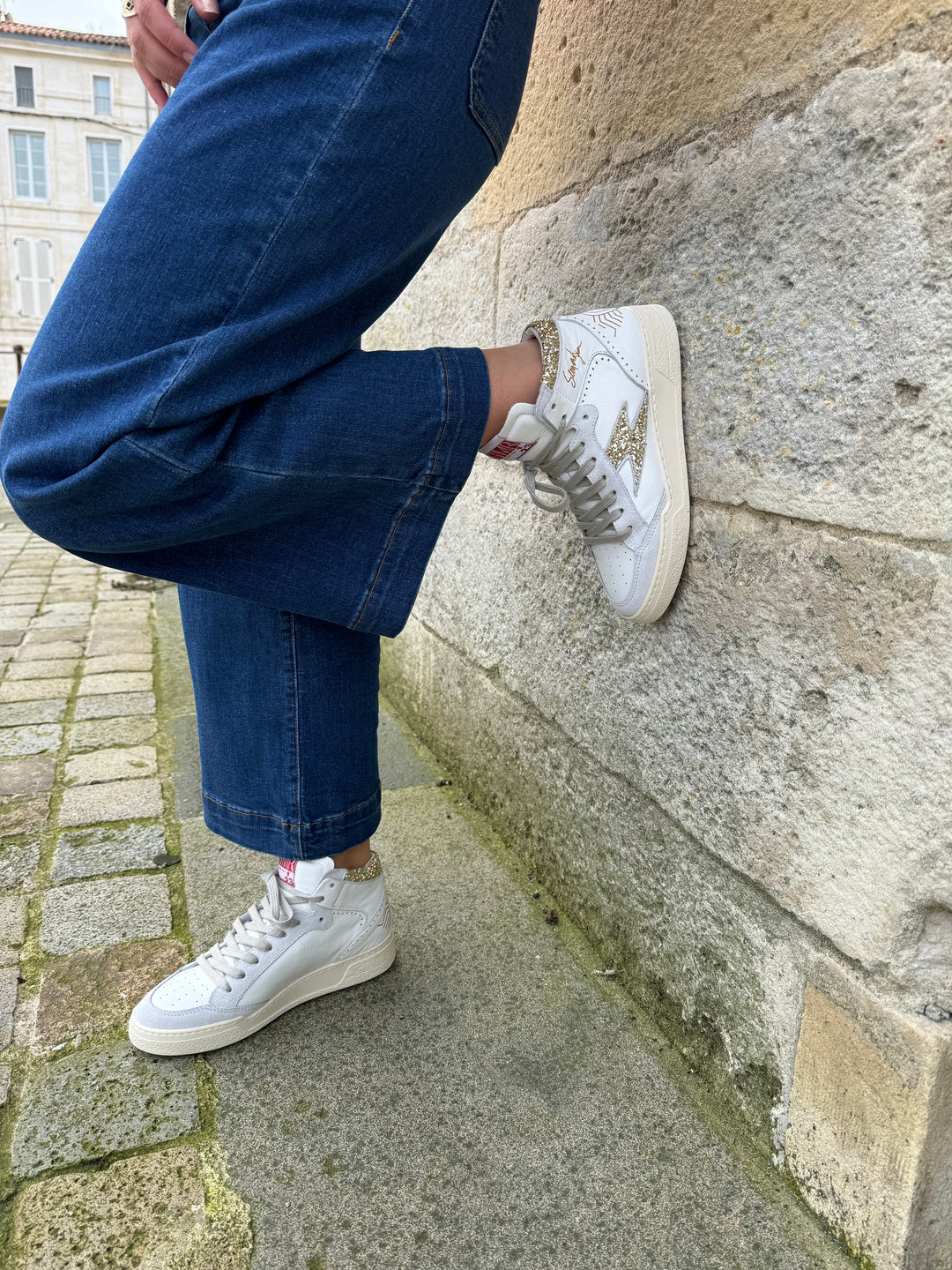 Weiße High-Top-Sneakers aus Leder mit goldenem Glitzer-Blitz BRAGA B690 Semerdjian