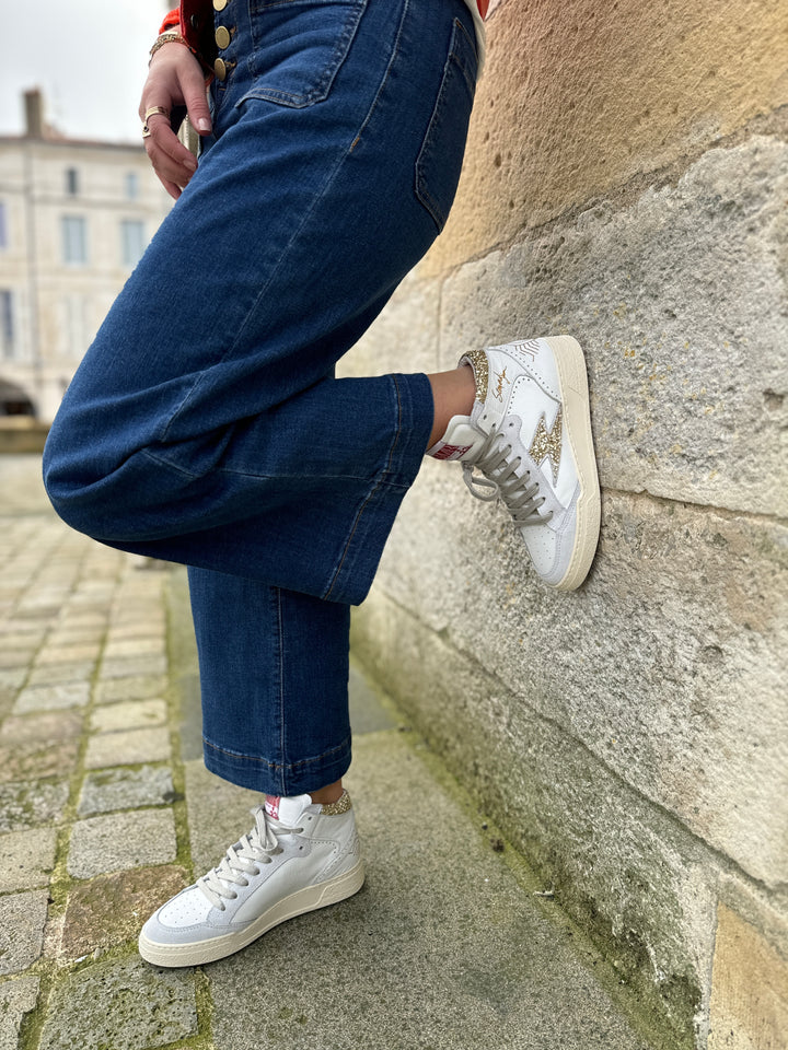 Zapatilla alta de piel blanca con rayo de purpurina dorada BRAGA B690 Semerdjian