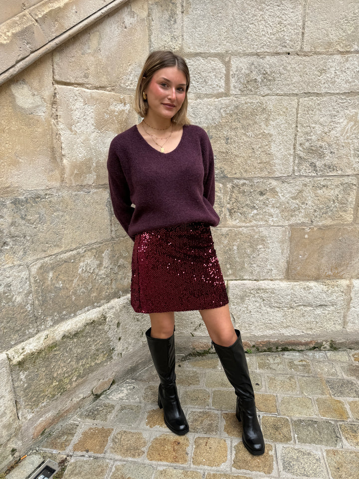 Jupe courte à sequins bordeaux CALIPSO