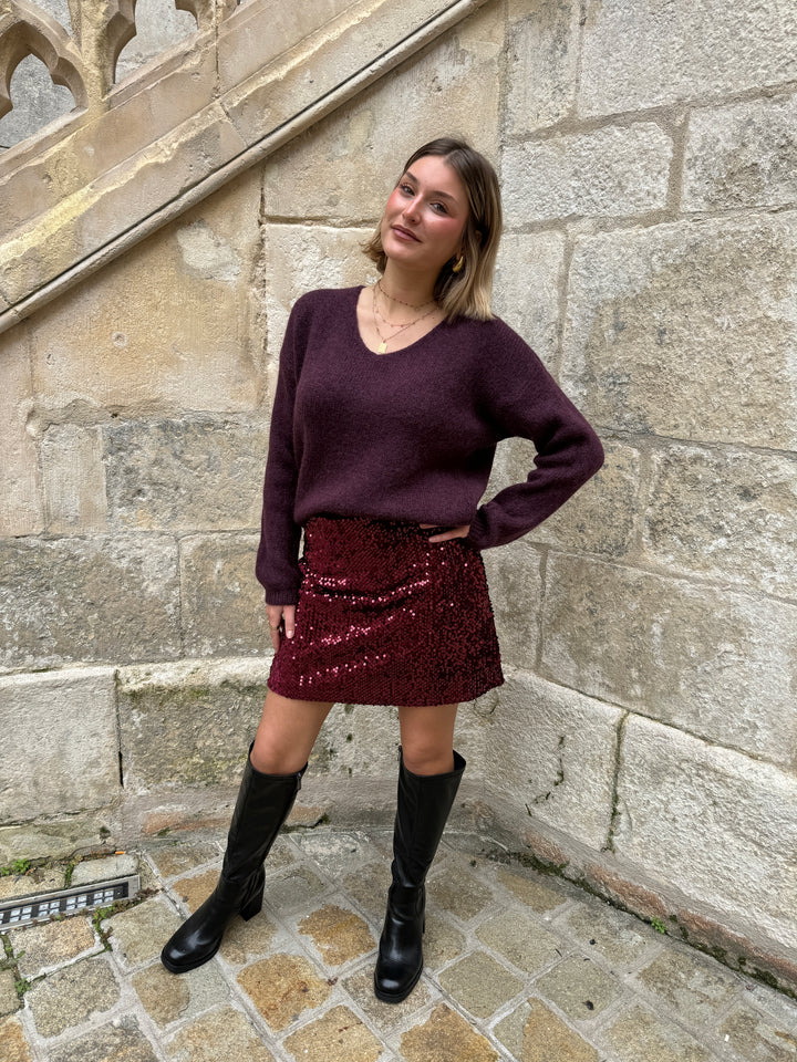 Jupe courte à sequins bordeaux CALIPSO