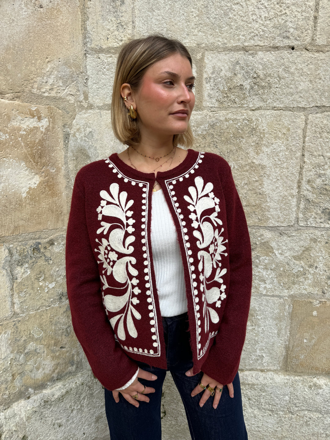 Gilet bohème bordeaux et blanc OLIVIA