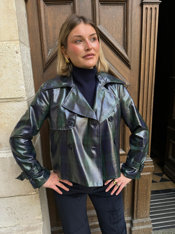 PRINCESS OF WALES – Zweireihige Jacke mit marineblauem Schottenmuster, Seepferdchen