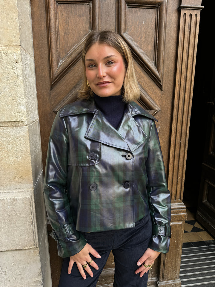 PRINCESS OF WALES – Zweireihige Jacke mit marineblauem Schottenmuster, Seepferdchen