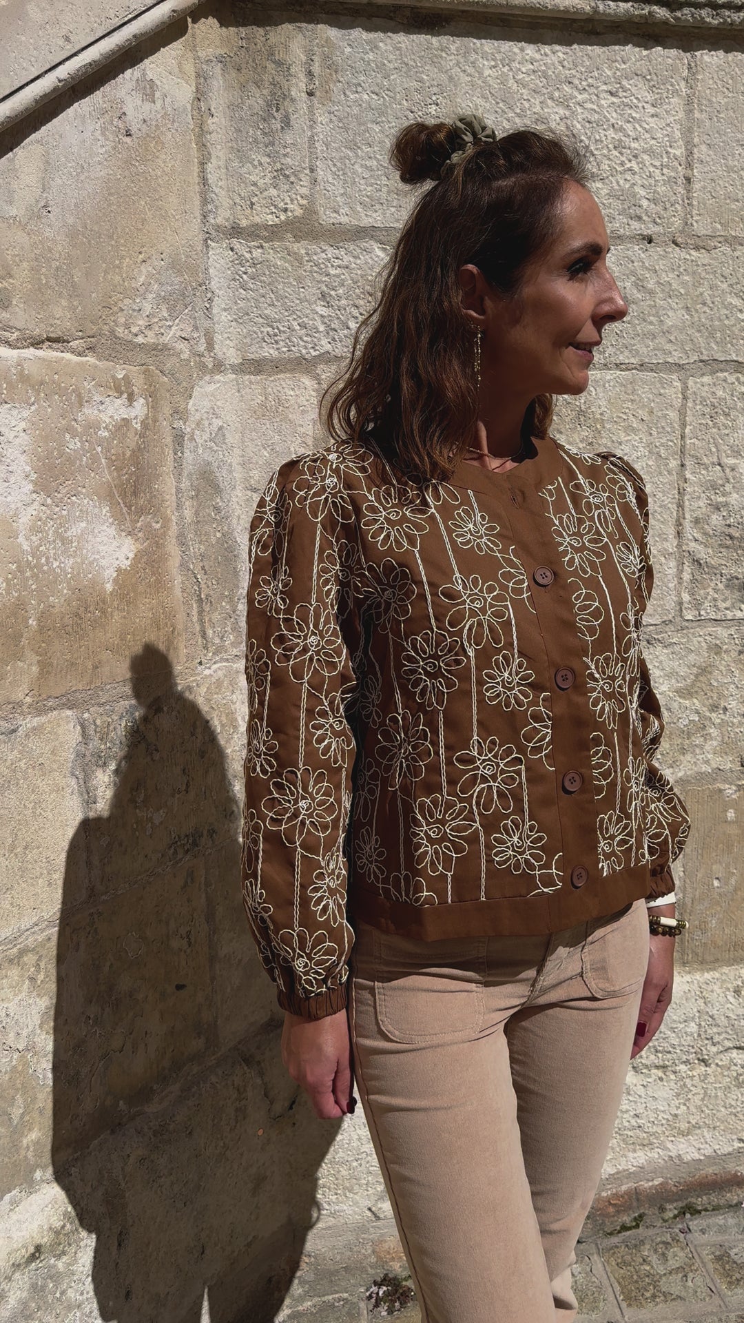 Veste camel broderies florales écru LYANA