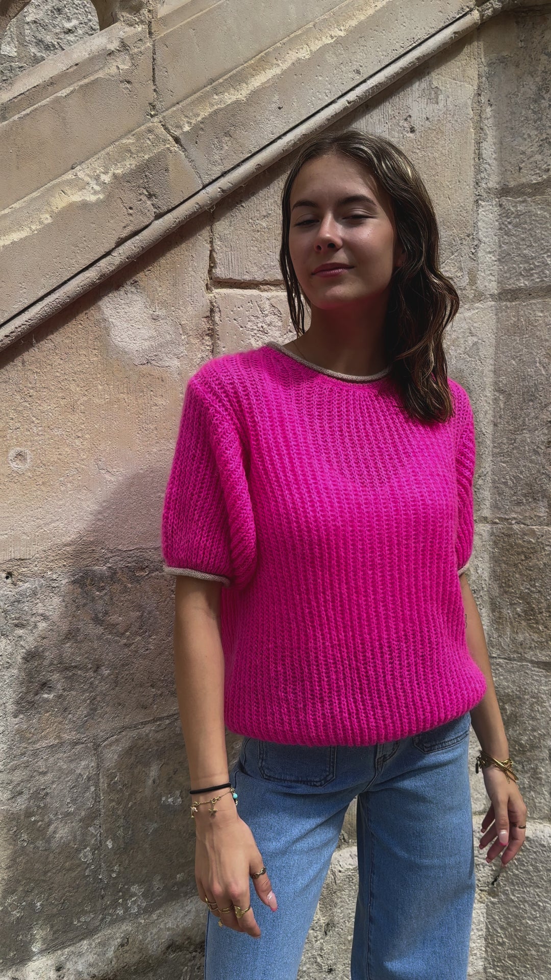 Top en maille fuchsia et blanc ALBANE